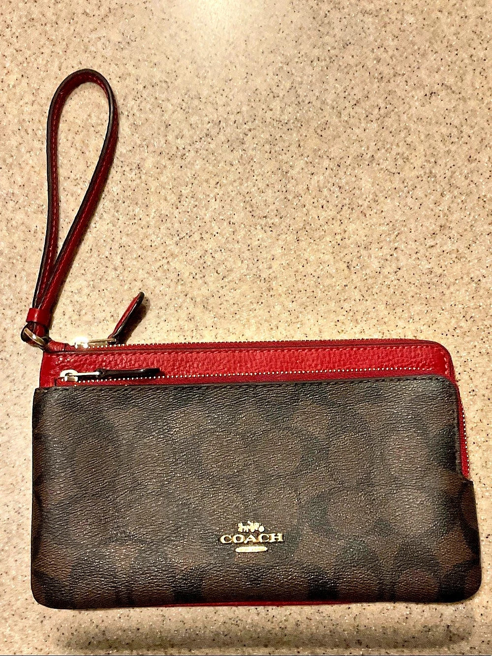 Coach Double Zip Wallet In Signature Canvas Red & Brown